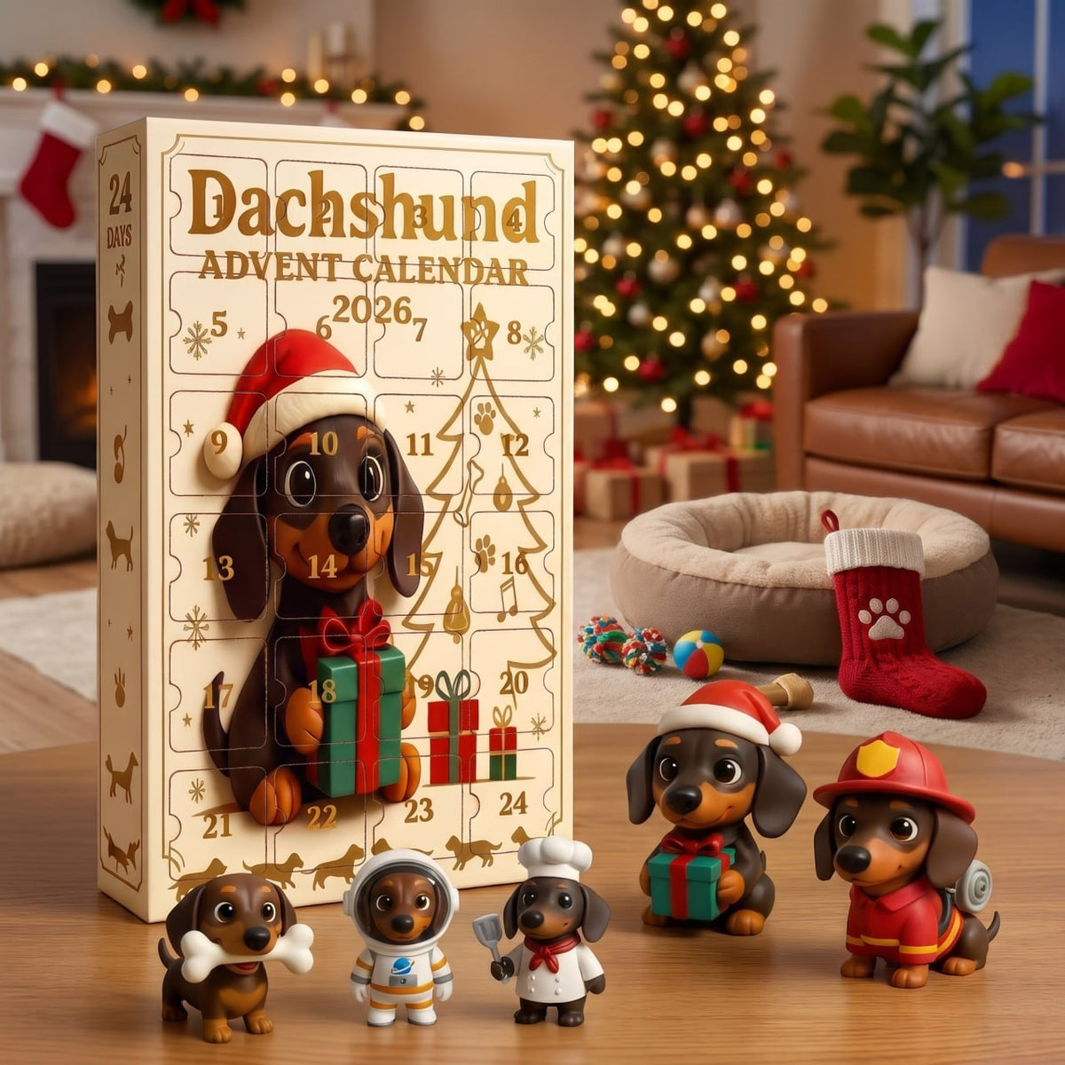Calendar by the fireplace with astronaut, chef, Santa and firefighter dachshund figurines