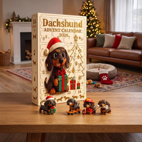 DoxieJoy Dachshund Advent Calendar 2026 on a coffee table with four mini dachshund figurines