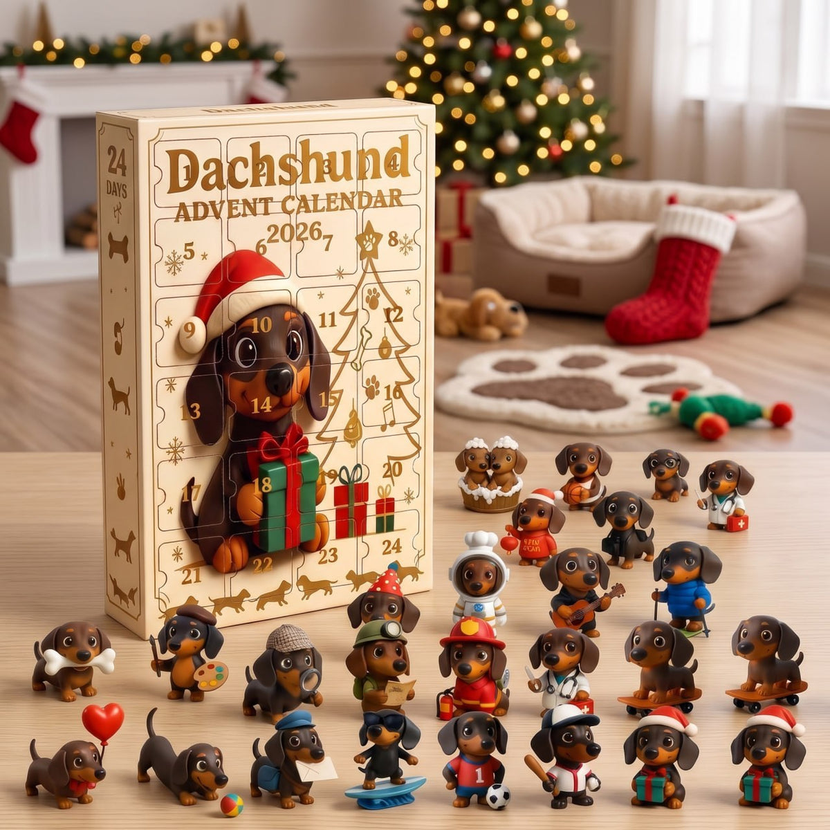All 24 collectible dachshund figurines in front of the advent calendar