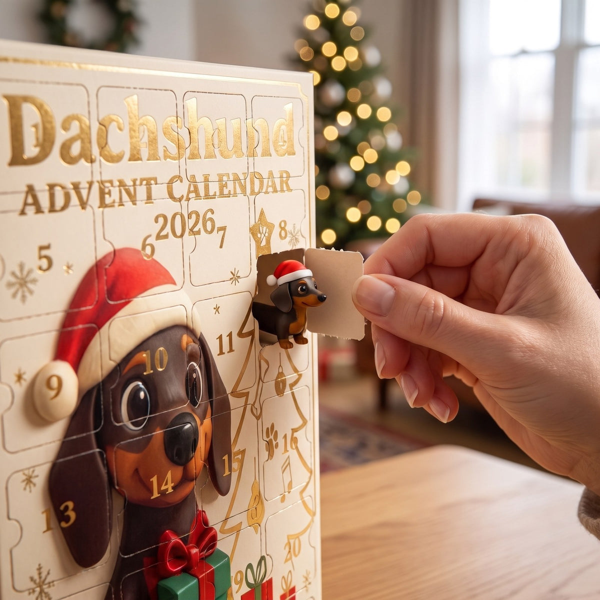 Opening door 1 to reveal a Santa-hat dachshund figurine