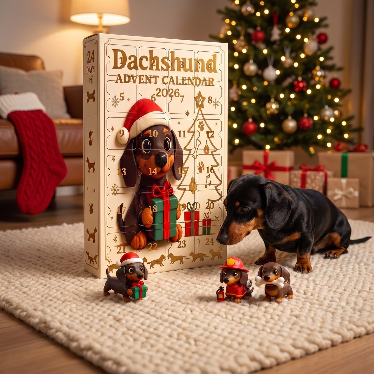 A real dachshund sniffing the DoxieJoy advent calendar by the Christmas tree