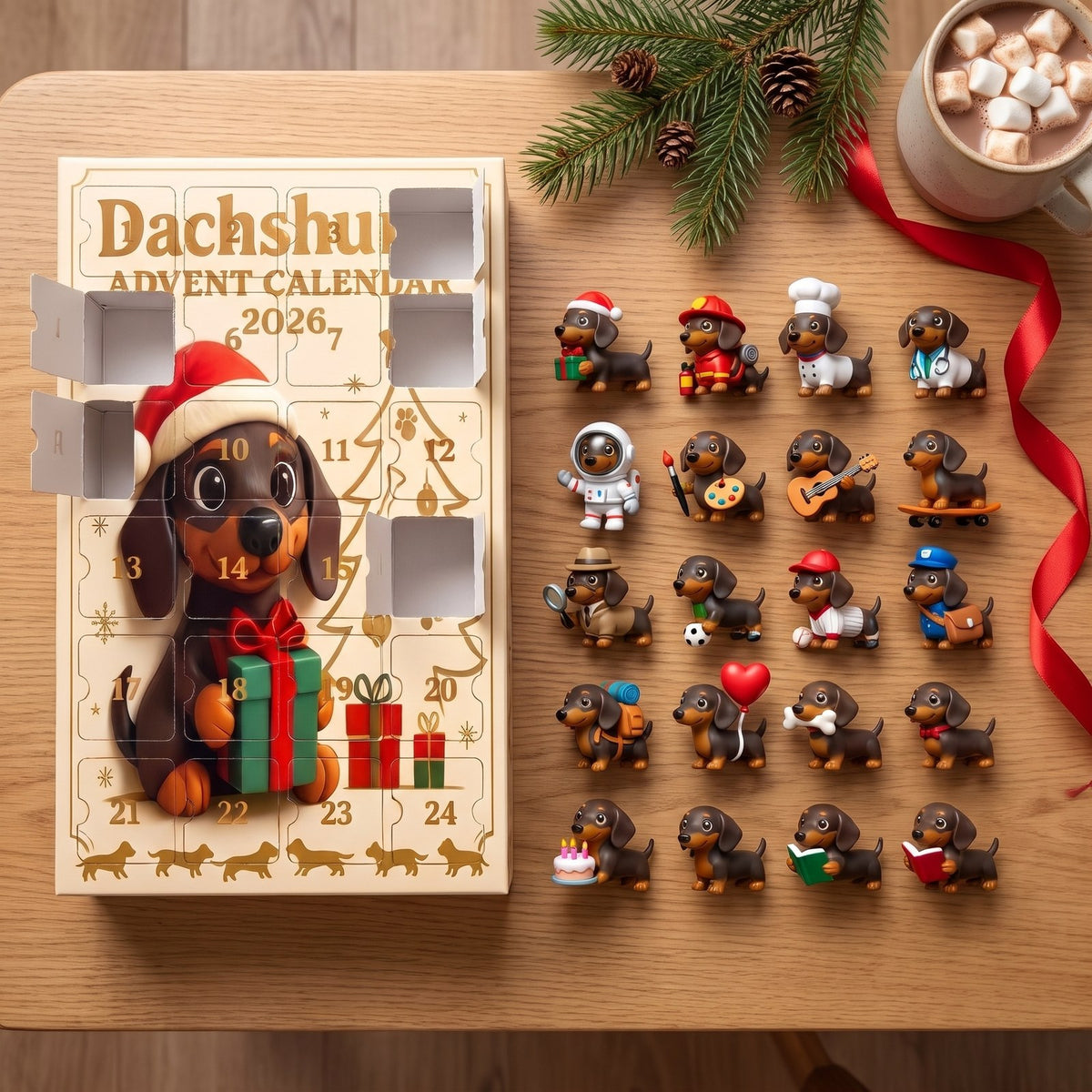 Flat lay of the calendar with all 24 dachshund figurines