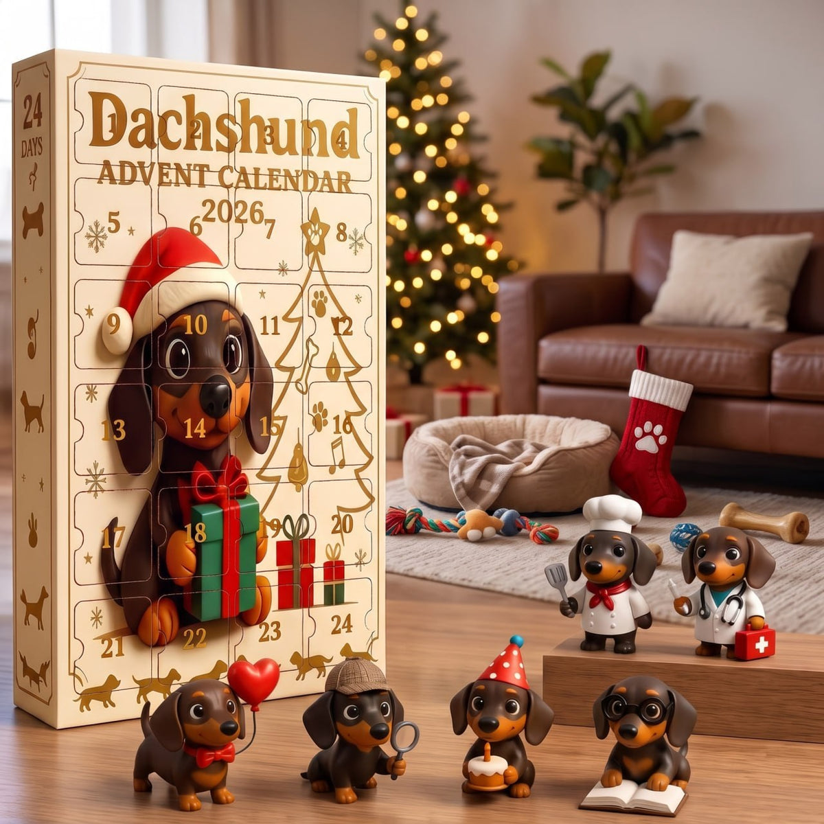 DoxieJoy advent calendar in a living room with chef, doctor and party dachshund figurines