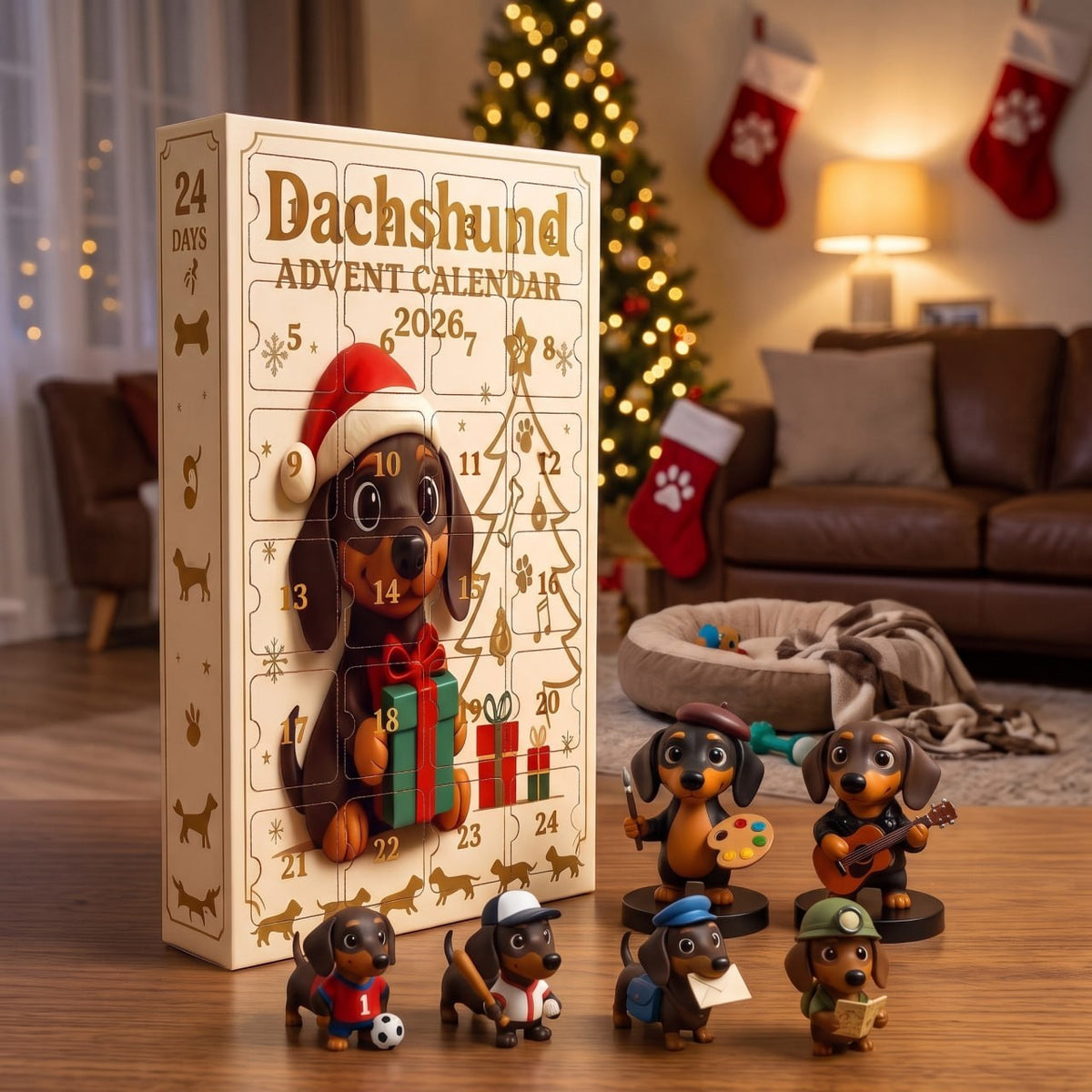Evening scene with the calendar and artist, guitarist, soccer and baseball dachshund figurines